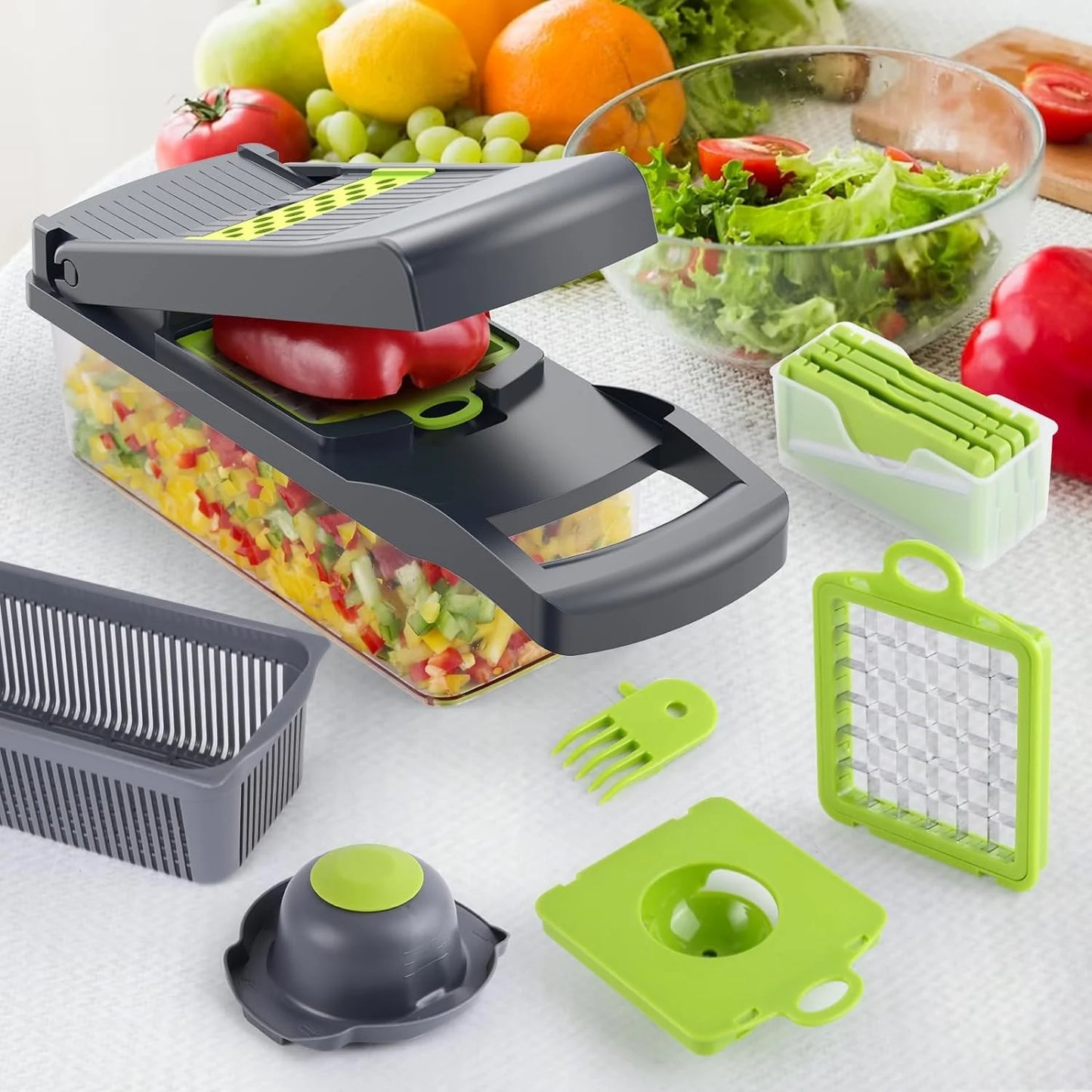 Vegetable Chopper, Veggie Chopper, Multifunctional 12 in 1 Food Chopper, Vegetable Slicer Dicer with 8 Blades, Onion Chopper Vegetable Cutter with Salad Garlic Carrot