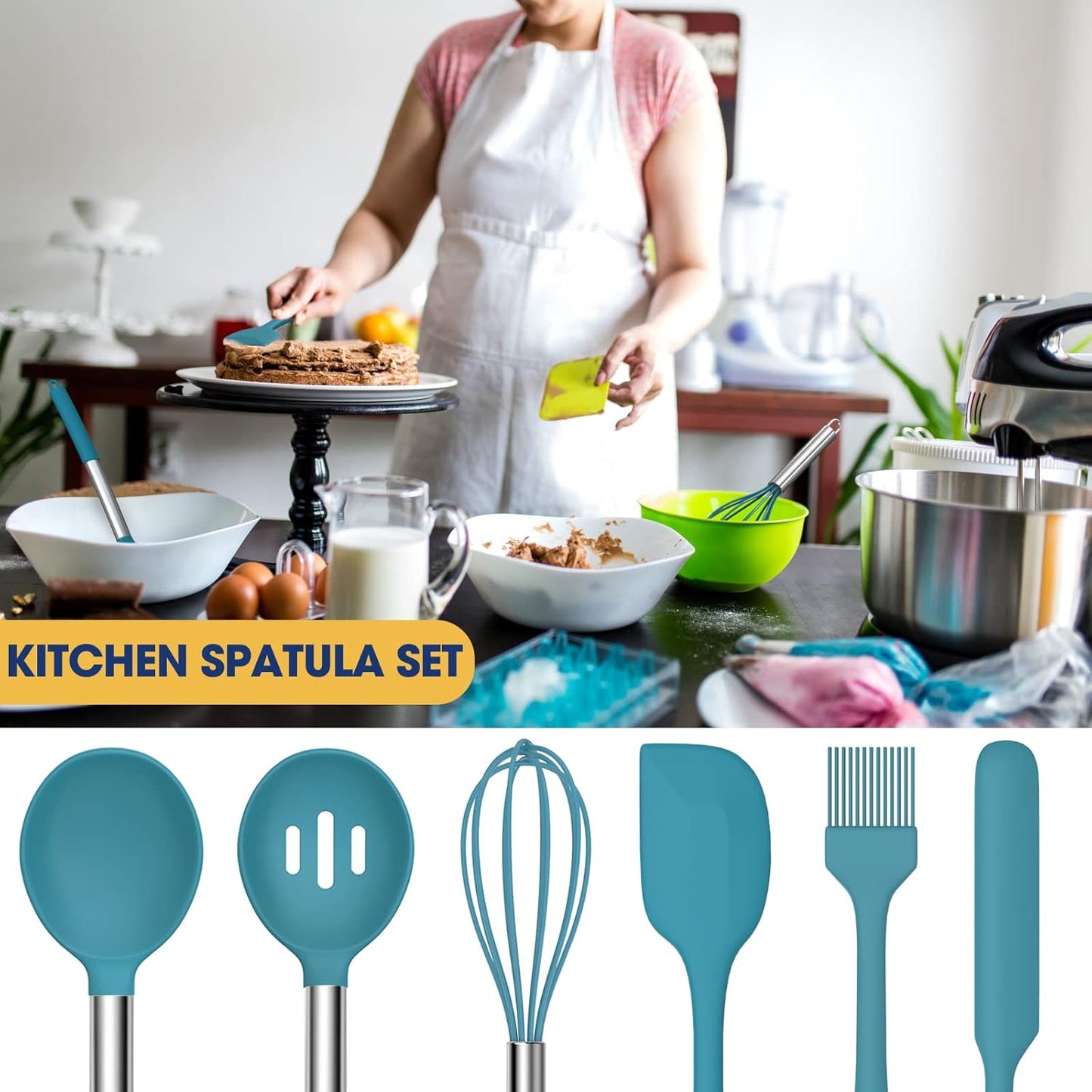 Silicone Cooking Utensil Set, Non-Stick Kitchen 24 Pcs Cookware, Heat Resistant , Silicone Kitchen Tools Gift with Stainless Steel Handle (Blue-24Pcs)